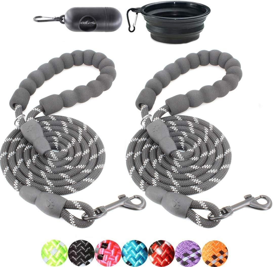 2 Packs 5/6 FT Dog Leash with Comfortable Padded Handle and Highly Reflective Threads Dog Leashes for Small Medium and Large Dogs (5FT-1/3'', Black+Black)
