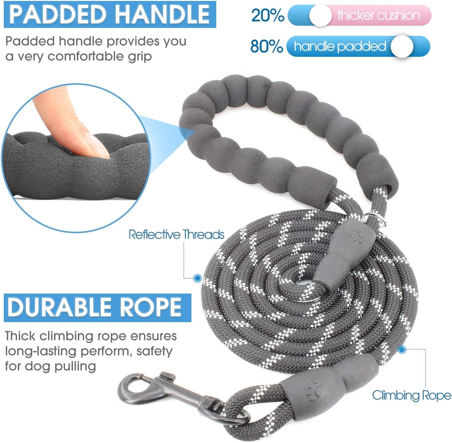 2 Packs 5/6 FT Dog Leash with Comfortable Padded Handle and Highly Reflective Threads Dog Leashes for Small Medium and Large Dogs (5FT-1/3'', Black+Black)